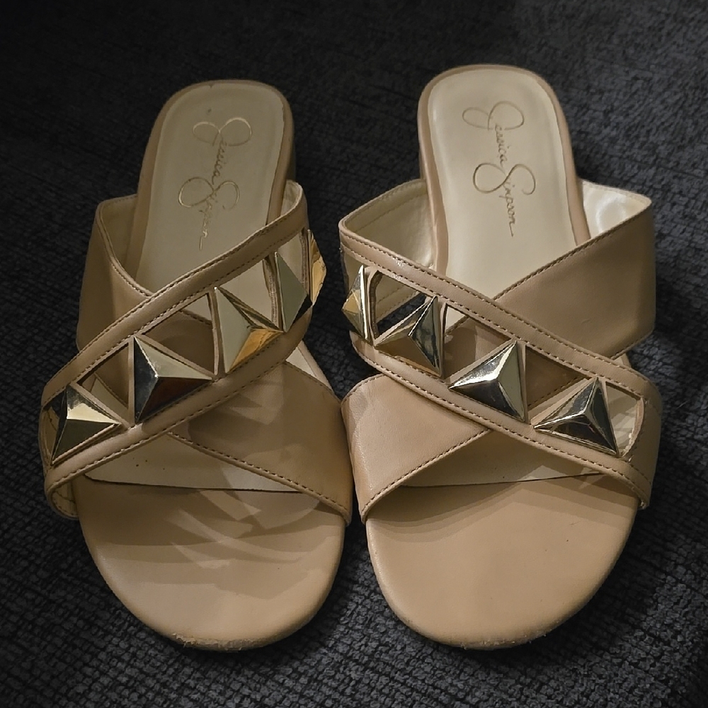 Jessica Simpson Beige Slide Sandals with Gold Pyramid Studs